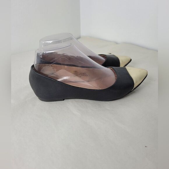 Restricted Leather Ballet Flat Shoes Black Gold Cap Two Tone Formal Slip On 6 - Picture 6 of 10